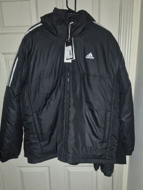 Adidas Men’s 2XL Black Puffer Jacket White 3-Stripes Full Zip Coat